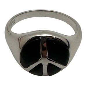Inspirational Silver Tone Peace Ring Black Inlay Signed RSC Vintage